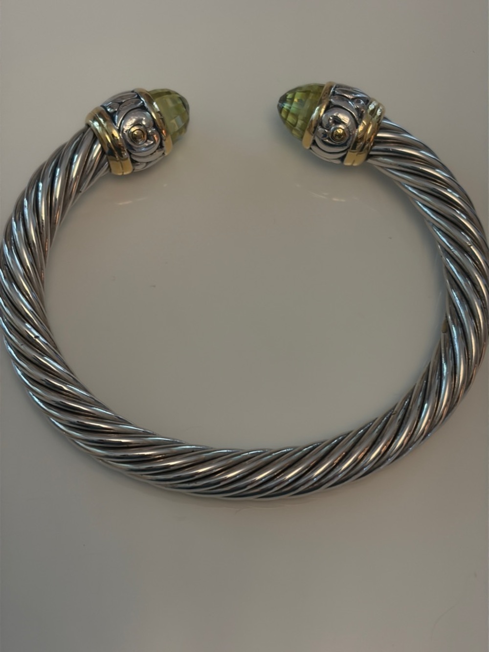 Twisted Stainless Steel Open Cuff Bracelet with Light Green Gem Endcaps